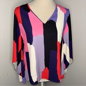 Crosby by Mollie Burch bell sleeve V-neck abstract bold pink purple top size XS